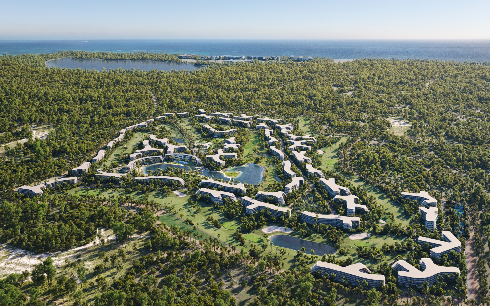 Aerial rendering of Coral Golf Resort toward the Caribbean, the gated community holding Moon Garden 2's 108 residences, 10 minutes from Punta Cana airport.