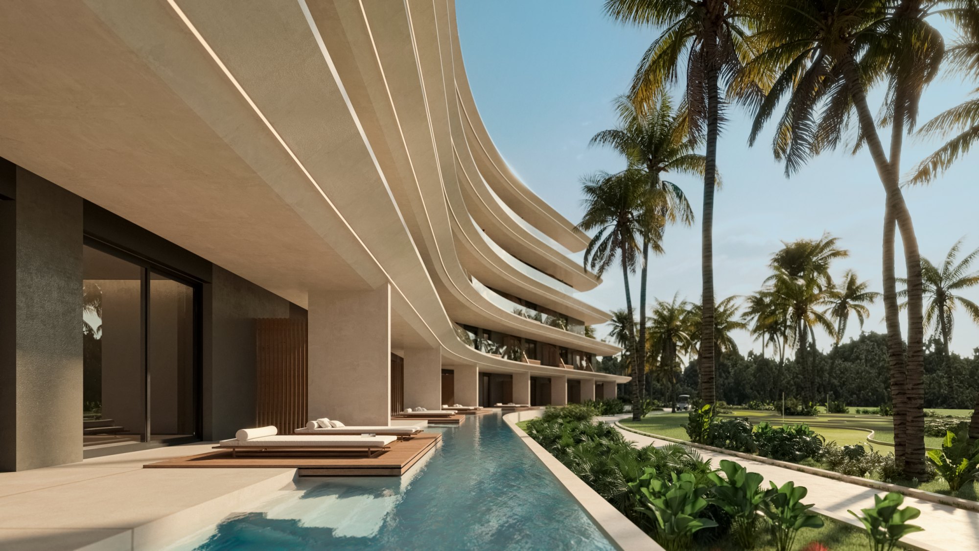 Rendu architectural de Moon Garden 2 : un couloir de nage longeant le bâtiment, des terrasses de transats en teck sous les balcons incurvés, et un fairway de golf bordé de palmiers au-delà.